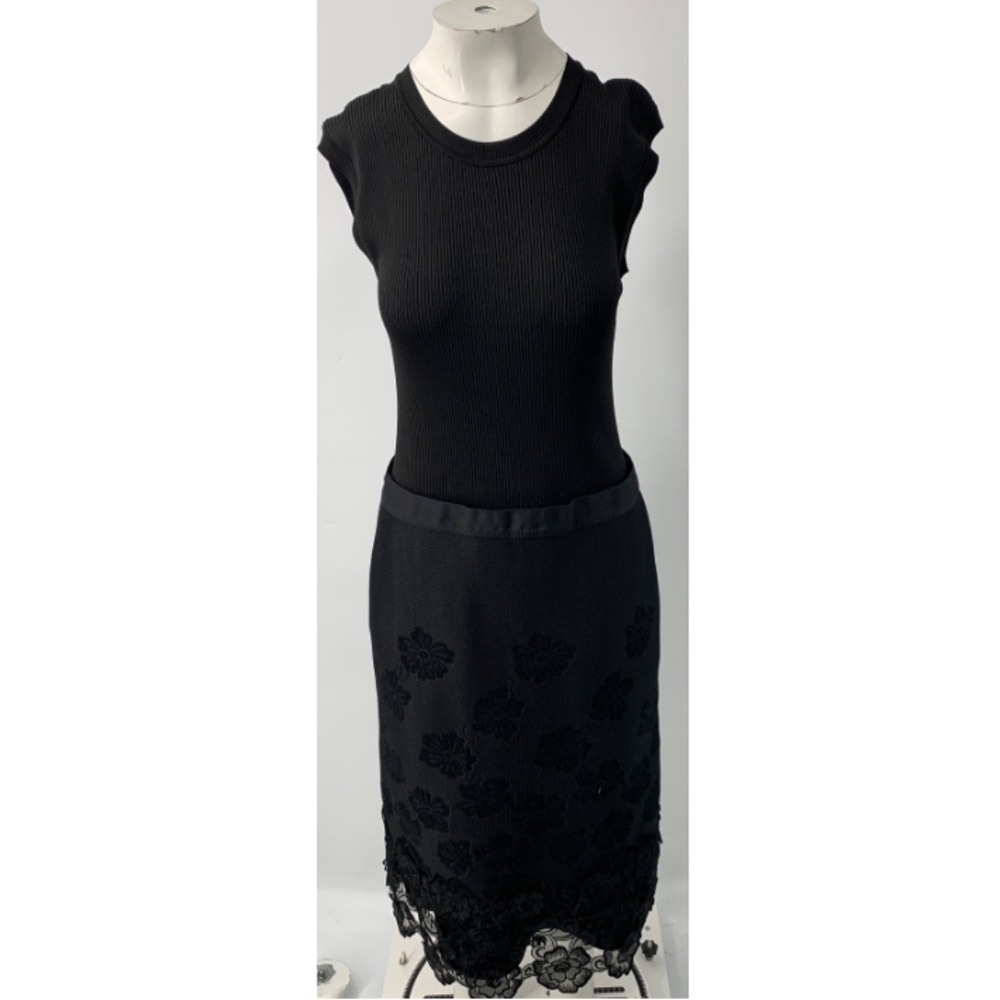 Escada Sport Black Ribbed Mesh Lace Floral Trim A-Line Dress sz 42